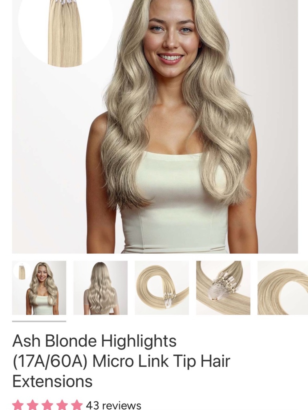 Ash Blonde (17A/60A) Micro Link Tip Hair Extensions - Natural Wave